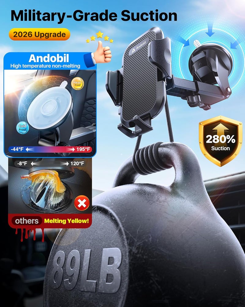 andobil 2026 Military-Grade Car Phone Holder [Upgraded Strongest Suction & Clip] Phone Holders for Your Car, Dashboard Windshield Vent Car Phone Mount for iPhone 17 Pro Max 16 15 14 13 12 Android - Image 4